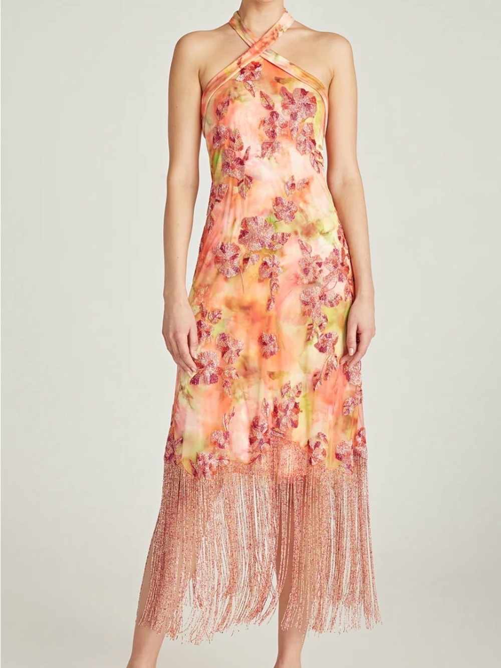 Theia Orange Pink Floral Halter Midi Dress with Fringe - Picture 4 of 11